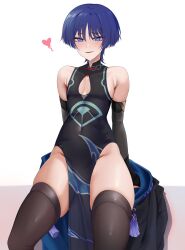Rule 34 | 1boy, black bodysuit, blue eyes, blue hair, bodysuit, brown thighhighs, chobonu, clothing cutout, genshin impact, hair between eyes, highres, japanese clothes, looking at viewer, male focus, open mouth, scaramouche (genshin impact), short hair, solo, tassel, thighhighs, wanderer (genshin impact), white background