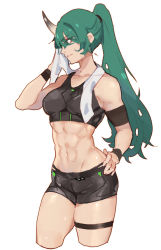 Rule 34 | 1girl, abs, arknights, armband, black panties, breasts, contrapposto, cowboy shot, cropped legs, facing away, green hair, hair between eyes, highres, horns, hoshiguma (arknights), long hair, looking afar, medium breasts, midriff, muscle, muscular, muscular female, navel, panties, parted lips, ponytail, profile, short shorts, shorts, simple background, single horn, solo, thigh strap, towel, towel around neck, underwear, white background, wristband, xiaoshou xiansheng