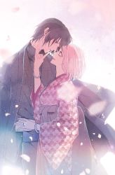 Rule 34 | 1boy, 1girl, black eyes, black hair, blush, bracelet, cherry blossoms, couple, falling petals, finger to another&#039;s mouth, floral print, hand on another&#039;s arm, haruno sakura, highres, japanese clothes, jewelry, kimono, naruto, naruto (series), parted lips, petals, pink hair, ring, suzu (tg 390), sweat, uchiha sasuke, upper body