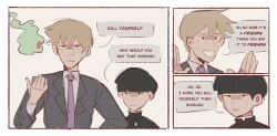 Rule 34 | 2boys, black hair, blonde hair, blunt bangs, buttoned cuffs, buttons, collared shirt, comic, commentary, ekubo (mob psycho 100), english commentary, english text, formal, gakuran, hands up, highres, kageyama shigeo, long sleeves, looking at another, male focus, mob psycho 100, mp100days, multiple boys, necktie, open mouth, reigen arataka, school uniform, shirt, short hair, simple background, smile, speech bubble, spirit, suit