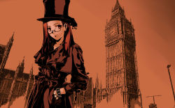 Rule 34 | 1girl, aozaki touko, bracelet, coat, collarbone, elizabeth tower, england, glasses, hands in pockets, hat, highres, jewelry, jian huang, kara no kyoukai, london, long hair, looking to the side, monochrome, top hat, westminster palace