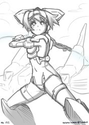 Rule 34 | 1girl, autumn-north, bodysuit, exelica, fighting stance, headgear, mecha musume, monochrome, solo, trigger heart exelica, weapon
