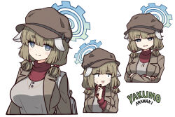 Rule 34 | 1girl, blue archive, blue eyes, blush, brown coat, cabbie hat, coat, cropped torso, generic 33, halo, hat, long sleeves, looking at viewer, multiple views, scarf, shirt, simple background, smile, thick eyebrows, upper body, white background, yakumo (blue archive)