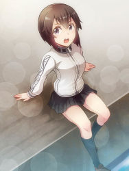 Rule 34 | 10s, 1girl, arm support, black socks, bloom, blurry, bokeh, brown hair, depth of field, dutch angle, female focus, hayasui (kancolle), jacket, kantai collection, kneehighs, open mouth, pleated skirt, purple eyes, shoes, short hair, sitting, skirt, socks, solo, tamago (yotsumi works), track jacket