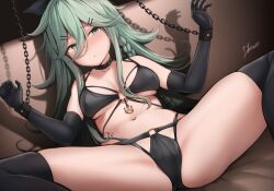 Rule 34 | 1girl, black bow, black gloves, black thighhighs, blush, bow, breasts, chain, closed mouth, collarbone, driftkingtw, elbow gloves, gloves, green eyes, green hair, hair between eyes, hair bow, kantai collection, long hair, medium breasts, navel, restrained, signature, solo, thighhighs, yamakaze (kancolle)