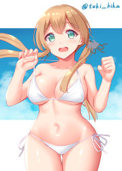 Rule 34 | 1girl, absurdres, alternate costume, anchor hair ornament, aqua eyes, armpit crease, bare shoulders, bikini, blonde hair, blue sky, blush, breasts, cleavage, clenched hand, cloud, collarbone, commentary, cowboy shot, day, floating hair, gluteal fold, groin, hair between eyes, hair ornament, halterneck, hands up, highres, kantai collection, large breasts, long hair, looking at viewer, low twintails, navel, one-hour drawing challenge, open mouth, prinz eugen (kancolle), side-tie bikini bottom, sidelocks, skindentation, sky, solo, standing, stomach, strap pull, string bikini, swimsuit, teeth, thigh gap, tokyo yamane, twintails, upper teeth only, w arms, white background, white bikini