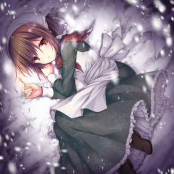 Rule 34 | 1girl, apron, asazuki kanai, black footwear, blush, brown eyes, brown hair, dress, fire, frills, from above, full body, green dress, little match girl, long sleeves, looking at viewer, lying, matches, on side, original, outdoors, parted lips, shoes, smile, snow, snowing, solo, waist apron
