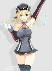 Rule 34 | 10s, 1girl, 2014, adapted costume, adapted uniform, anchor hair ornament, aqua eyes, aqua hair, arm up, armpits, bad id, bad pixiv id, bare shoulders, black thighhighs, blonde hair, breasts, collarbone, cowboy shot, dated, december, detached sleeves, gloves, gradient hair, grey background, hair ornament, hat, highres, kantai collection, large breasts, looking at viewer, low twintails, microskirt, military, military uniform, multicolored hair, open mouth, panties, pantyshot, peaked cap, pleated skirt, prinz eugen (kancolle), shadow, simple background, skirt, smile, solo, standing, tebi (tbd11), thigh gap, thighhighs, twintails, underwear, uniform, white gloves, white panties