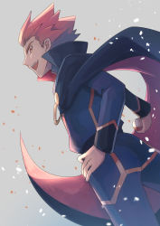 Rule 34 | 1boy, :d, black cape, cape, commentary request, creatures (company), game freak, grey background, hand on own hip, holding, holding poke ball, lance (pokemon), long sleeves, looking at viewer, looking to the side, male focus, nintendo, open mouth, pants, poke ball, poke ball (basic), pokemon, pokemon hgss, red hair, smile, solo, spiked hair, teeth, upper teeth only, zeroki (izuno)