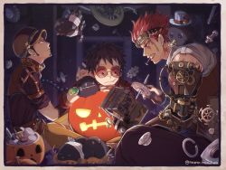 Rule 34 | 3boys, alternate costume, amputee, animal, bird, black hair, border, earrings, eustass kid, fingernails, goggles, goggles on head, hat, head rest, holding, jack-o&#039;-lantern, jewelry, light smile, lips, looking at another, male focus, metal, missing limb, monkey d. luffy, mouth hold, multiple boys, nail polish, nazna haruharu, one piece, pants, prosthesis, pumpkin, red hair, red nails, shirt, short hair, sideburns, sitting, sunglasses, teeth hold, trafalgar law, twitter username