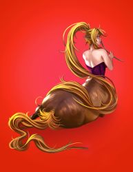 Rule 34 | 10s, 1girl, absurdly long hair, animal ears, ass, bare shoulders, blonde hair, blue eyes, bottomless, centaur, centorea shianus, corset, from behind, high ponytail, highres, horse ears, lips, long hair, looking back, lying, monster girl, monster musume no iru nichijou, on side, pointy ears, ponytail, red background, riding crop, solo, tail, taur, very long hair, voodoothur