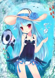 Rule 34 | 1girl, blue hair, blush, cave, dexp, flower, hat, highres, long hair, looking at viewer, one-piece swimsuit, open mouth, original, red eyes, ribbon, school swimsuit, solo, speaker, swimsuit, underwater, wings