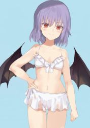 Rule 34 | 1girl, bare arms, bare shoulders, bat wings, blue background, blue hair, blush, bow, bra, collarbone, cowboy shot, flat chest, hair between eyes, hand on own hip, looking at viewer, miniskirt, navel, nazuka (mikkamisaki), no headwear, red eyes, remilia scarlet, short hair, simple background, skirt, smile, solo, standing, stomach, thighs, touhou, underwear, white bow, white bra, white skirt, wings