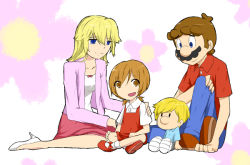 Rule 34 | 2boys, 2girls, alternate costume, artist request, blonde hair, brown hair, facial hair, family, father and son, high heels, if they mated, image sample, mario, mario (series), multiple boys, multiple girls, mustache, nintendo, pixiv sample, princess peach, resized, shoes, siblings, super mario bros. 1