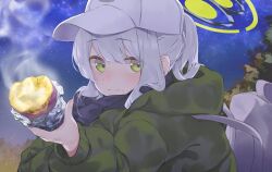 Rule 34 | 1girl, absurdres, backpack, bag, blue archive, blush, closed mouth, food, green eyes, green jacket, grey hair, halo, hare (blue archive), hare (camp) (blue archive), hat, heimu (heim kstr), highres, holding, holding food, hood, hood down, hooded jacket, jacket, long hair, long sleeves, looking at viewer, ponytail, solo, sweet potato, upper body, white hat