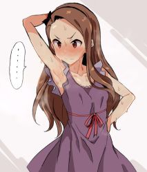Rule 34 | ..., 1girl, arm behind head, arm up, armpits, blush, brown hair, commentary, commentary request, dress, embarrassed, hand on own hip, idolmaster, idolmaster (classic), minase iori, no.gomensu, no.gomesu, purple dress, red eyes, red ribbon, ribbon, simple background, smell, solo, spoken ellipsis, steam, sweat, wavy mouth