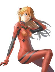 Rule 34 | 1girl, arm support, artist request, ass, blue eyes, bodysuit, breasts, brown hair, floating hair, hair ornament, highres, interface headset, invisible chair, long hair, medium breasts, neon genesis evangelion, plugsuit, shiny clothes, simple background, sitting, smile, solo, souryuu asuka langley, very long hair