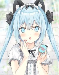 Rule 34 | 1girl, :o, animal ear fluff, animal ears, black bow, blue eyes, blue hair, blurry, blurry background, blush, bow, center frills, collared shirt, depth of field, eat me, food, frills, hair between eyes, hair bow, highres, holding, holding food, long hair, looking at viewer, nail polish, open mouth, original, plaid, plaid bow, puffy short sleeves, puffy sleeves, red nails, saeki sora, shirt, short sleeves, solo, twintails, upper body, white shirt