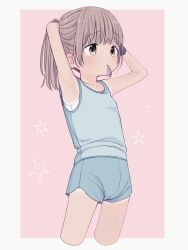 Rule 34 | 1girl, absurdres, arms up, bare arms, bare shoulders, black wristband, blue shorts, blue tank top, blush, border, brown eyes, brown hair, collarbone, commentary request, cropped legs, dot nose, hair tie, hair tie in mouth, highres, looking to the side, mouth hold, original, pink background, ponytail, shirt, short shorts, shorts, sleeveless, sleeveless shirt, solo, standing, star (symbol), starry background, tank top, waramugu, white border