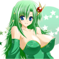 Rule 34 | 1990s (style), 1girl, areola slip, bare shoulders, blue eyes, blush, breasts, covered erect nipples, detached sleeves, final fantasy, final fantasy iv, green hair, huge breasts, large breasts, looking at viewer, nipple slip, nipples, aged up, retro artstyle, rydia (ff4), solo, womi
