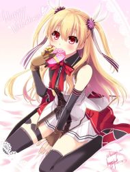 Rule 34 | 1girl, alisa reinford, asymmetrical gloves, bed, black thighhighs, blonde hair, blush, breasts, candy, chocolate, chocolate heart, covering own mouth, detached sleeves, eiyuu densetsu, falcom, female focus, fingerless gloves, food, gift, gloves, hair ornament, hair ribbon, happy valentine, heart, holding, holding gift, looking at viewer, mismatched gloves, morisaki kurumi, on bed, red eyes, ribbon, sen no kiseki, sen no kiseki ii, signature, sitting, solo, thighhighs, twitter username, two side up, valentine, wariza, zettai ryouiki