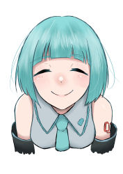 Rule 34 | 1girl, absurdres, alternate hair length, alternate hairstyle, aqua hair, bare shoulders, blunt bangs, bob cut, closed eyes, commentary request, detached sleeves, hatsune miku, highres, necktie, sasapanda825, short hair, simple background, smile, upper body, vocaloid, white background