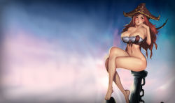 Rule 34 | bottomless, breasts, cleavage, hat, huge breasts, instant ip, league of legends, legs, crossed legs, miss fortune (league of legends), sitting, thighs