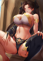 Rule 34 | 1girl, absurdres, alternate breast size, armlet, ass, bikini, black hair, black thighhighs, bracelet, breasts, cleavage, commission, detached sleeves, earrings, fate/grand order, fate (series), gold trim, hair ribbon, highres, hoop earrings, ishtar (fate), jewelry, large breasts, leaning back, long hair, looking at viewer, mismatched bikini, neck ring, open mouth, parted bangs, red eyes, ribbon, single detached sleeve, single thighhigh, skeb commission, spread legs, squatting, swimsuit, thighhighs, thighlet, thighs, thong, tiara, tiri man, two side up, wide hips