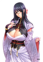 Rule 34 | blue hair, bow, breasts, bridal gauntlets, cleavage, cleavage cutout, clothing cutout, earrings, fingernails, floral print, frills, glasses, green eyes, hair bow, highres, japanese clothes, jewelry, large breasts, lips, long hair, long sleeves, looking at viewer, magaki ryouta, original, page number, scan, simple background, solo, turtleneck, white background, wide sleeves