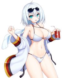 Rule 34 | 1girl, absurdres, asamura hiori, azur lane, bikini, blue eyes, breasts, can, choker, commentary request, cross, cross earrings, drink, drink can, drinking straw, earrings, eyewear on head, feet out of frame, female focus, hair between eyes, halterneck, highres, holding, holding drink, jacket, jewelry, large breasts, looking at viewer, off shoulder, official alternate costume, open clothes, open jacket, open mouth, short hair, simple background, skindentation, soda can, solo, standing, string bikini, sunglasses, swimsuit, tirpitz (azur lane), tirpitz (snow-melting summer) (azur lane), white background, white bikini, white choker, white hair, white jacket, white neckwear