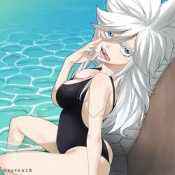 Rule 34 | 1girl, ass, blue eyes, breasts, cleavage, eden&#039;s zero, gaston18, highres, large breasts, long hair, looking at viewer, one-piece swimsuit, sister ivry, sitting, solo, swimsuit, tagme, tongue, tongue out, water, white hair