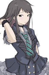 Rule 34 | 1girl, aqua necktie, arm up, black choker, black hair, black shirt, bracelet, brown eyes, choker, closed mouth, diagonal-striped clothes, diagonal-striped necktie, girls band cry, hand in own hair, highres, jewelry, light smile, long hair, looking at viewer, necktie, odore (suzukisakana001), rin (girls band cry), shirt, simple background, solo, striped clothes, upper body, white background
