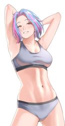 Rule 34 | 1girl, armpits, arms behind head, blue hair, blush, boku no hero academia, breasts, cleavage, collarbone, commission, eyebrows, feet out of frame, grey panties, grey sports bra, highres, ichinose (ichinose1592), lady nagant, lips, looking at viewer, medium breasts, medium hair, multicolored hair, navel, open mouth, panties, pink hair, red eyes, smile, solo, sports bra, sportswear, standing, teeth, two-tone hair, underwear, white background