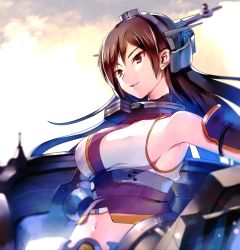 Rule 34 | 10s, 1girl, bad id, bad pixiv id, breasts, brown hair, collar, hairband, kantai collection, konbu wakame, large breasts, long hair, machinery, midriff, nagato (kancolle), navel, open mouth, personification, red eyes, sideboob, solo