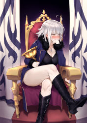 Rule 34 | 1girl, absurdres, ahoge, black dress, black footwear, blue coat, blush, boots, breasts, cleavage, coat, commentary request, crossed legs, dress, fate/grand order, fate (series), fur-trimmed coat, fur trim, hair between eyes, highres, holy grail (fate), jeanne d&#039;arc (fate), jeanne d&#039;arc alter (fate), jeanne d&#039;arc alter (ver. shinjuku 1999) (fate), jewelry, knee boots, large breasts, long sleeves, looking to the side, necklace, official alternate costume, open clothes, open coat, short dress, short hair, silver hair, sitting, thick thighs, thighs, throne, try (lsc), wicked dragon witch ver. shinjuku 1999, yellow eyes