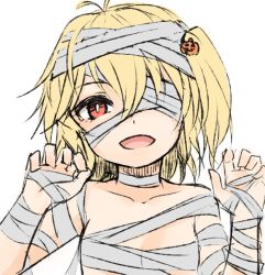 Rule 34 | 1girl, bandage over one eye, bandaged arm, bandaged head, bandaged neck, bandages, bare shoulders, blonde hair, breasts, claw pose, collarbone, commentary request, flandre scarlet, hair between eyes, hair ornament, hands up, jack-o&#039;-lantern, jack-o&#039;-lantern hair ornament, looking at viewer, miyo (ranthath), mummy costume, naked bandage, no headwear, one side up, open mouth, red eyes, sarashi, short hair, simple background, small breasts, smile, solo, touhou, upper body, white background