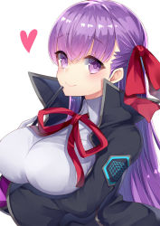 Rule 34 | 10s, 1girl, bad id, bad pixiv id, bb (fate), bb (fate/extra), black coat, blush, breast hold, breasts, closed mouth, coat, commentary request, emblem, fate/extra, fate/extra ccc, fate (series), gloves, hair ribbon, heart, large breasts, long hair, long sleeves, looking at viewer, neck ribbon, pointer, purple eyes, purple hair, red ribbon, ribbon, shirt, smile, solo, tareme, upper body, very long hair, white gloves, white shirt, wing collar, yuzu-aki