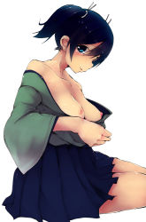 Rule 34 | 10s, 1girl, bad id, bad pixiv id, bare shoulders, black hair, blue eyes, blush, breasts, collarbone, hair ribbon, highres, japanese clothes, kantai collection, large breasts, looking at viewer, nipples, no bra, open clothes, ribbon, shiratama mochi, short hair, short twintails, sideways glance, sitting, skirt, solo, souryuu (kancolle), thighs, twintails, wide sleeves
