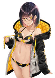 Rule 34 | 1girl, bare shoulders, bikini, black-framed eyewear, black bikini, black hair, black jacket, breasts, cleavage, closed mouth, collarbone, cowboy shot, glasses, groin, highres, hood, hood down, hooded jacket, jacket, long sleeves, looking at viewer, medium breasts, nabeshima tetsuhiro, navel, original, semi-rimless eyewear, short hair, simple background, solo, standing, stomach, swimsuit, thighs, white background, yellow eyes