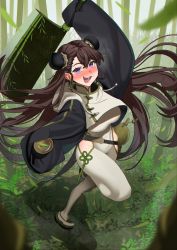 Rule 34 | 1girl, alcohol, alternate costume, bamboo, bamboo forest, blurry, blurry background, blush, brown hair, cup, double bun, dress, drunken swordmaster lynn, forest, guardian tales, hair bun, highres, holding, holding weapon, jiki (gkdlfnzo1245), long hair, looking at viewer, nature, open mouth, outdoors, shadow, weapon, white dress