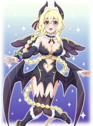 1girl absurdly_long_hair bare_shoulders black_boots black_gloves black_wings blonde_hair boots breasts cleavage clothing_cutout demon_girl demon_horns demon_wings dress elbow_gloves feathered_wings fur-trimmed_boots fur-trimmed_collar fur-trimmed_gloves fur_trim gloves heart_cutout highres horns large_breasts long_braid long_hair lyrael_(christmas)_(princess_connect!) lyrael_(princess_connect!) navel navel_cutout open_mouth princess_connect! purple_eyes single_hair_intake smile solo strapless strapless_dress thighhighs under_wing very_long_hair wings yosuzu