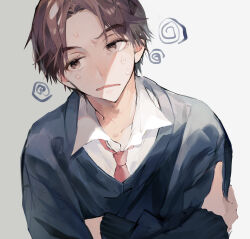 Rule 34 | 1boy, @ (symbol), absurdres, averting eyes, bishounen, blue sweater, blush, brown eyes, brown hair, character request, collarbone, collared shirt, crossed arms, forehead, highres, long sleeves, male focus, necktie, parted bangs, parted lips, red necktie, school uniform, shadow, shirt, short hair, sidelocks, simple background, skip to loafer, solo, sweat, sweater, u-sama (u summer0719), upper body, white background, white shirt