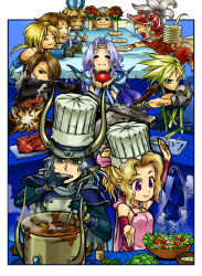 Rule 34 | 1girl, 6+boys, :3, armor, bare shoulders, bartz klauser, belt, black hair, black jacket, blitzball, blonde hair, blue eyes, blush, brown hair, buster sword, cape, cecil harvey, celery, chef hat, circlet, closed eyes, cloud strife, cooking, dark-skinned male, dark skin, detached sleeves, dining room, dissidia final fantasy, dress, drooling, everyone, final fantasy, final fantasy i, final fantasy ii, final fantasy iii, final fantasy iv, final fantasy ix, final fantasy v, final fantasy vi, final fantasy vii, final fantasy viii, final fantasy x, firion, flower, food, fork, gloves, hair ribbon, hat, helmet, holding, holding food, holding fork, holding knife, holding plate, holding vegetable, horns, jacket, knife, long hair, meat, mimonel, mouth drool, multiple boys, onion knight, open mouth, plate, ponytail, purple eyes, ribbon, rose, scar, shirt, short hair, shoulder armor, sleeveless, sleeveless turtleneck, smile, spiked hair, squall leonhart, sweatdrop, sword, thick eyebrows, tidus, tina branford, tomato, turtleneck, vegetable, warrior of light (ff1), weapon, white hair, white shirt, zidane tribal