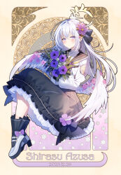 Rule 34 | 1girl, angel wings, azusa (blue archive), black dress, black sailor collar, black socks, blue archive, blush, character name, closed mouth, dated, dress, feathered wings, flower, full body, hair between eyes, hair flower, hair ornament, halo, highres, jacket, long hair, long sleeves, myusha, petticoat, purple eyes, purple flower, sailor collar, shoes, socks, solo, white footwear, white hair, white jacket, white wings, wings, yellow halo