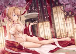 Rule 34 | 1girl, ahoge, arm support, artist name, azur lane, bare legs, bare shoulders, barefoot, blonde hair, blush, breasts, cleavage, closed mouth, collarbone, cup, glint, glorious (azur lane), glorious (pungent plum) (azur lane), groin, hair bun, holding, holding cup, japanese clothes, joko jmc, kimono, lantern, large breasts, long sleeves, nail polish, navel, official alternate costume, open clothes, open kimono, petals, pink nails, purple eyes, reclining, red kimono, revealing clothes, short hair with long locks, sidelocks, single hair bun, smile, solo, stomach, swept bangs, tatami, toenail polish, toenails, watermark, web address