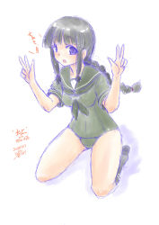 Rule 34 | 1girl, adapted costume, alternate color school swimsuit, black eyes, black hair, blunt bangs, braid, breasts, dated, full body, green one-piece swimsuit, hair over shoulder, kantai collection, kitakami (kancolle), kneeling, koshigaya tatsumi, long hair, looking at viewer, neckerchief, one-piece swimsuit, open mouth, sailor collar, school swimsuit, school uniform, serafuku, short sleeves, signature, single braid, small breasts, solo, swimsuit, text focus, v