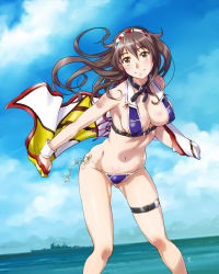 Rule 34 | 1girl, ashigara (kancolle), bikini, blush, breasts, brown eyes, brown hair, closed mouth, cloud, commentary request, covered erect nipples, day, dutch angle, gluteal fold, hair between eyes, hairband, head tilt, kantai collection, large breasts, long hair, looking at viewer, navel, outdoors, purple bikini, sameha ikuya, ship, sky, smile, solo, standing, swimsuit, thigh strap, watercraft