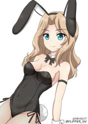 Rule 34 | 10s, 1girl, animal ears, bare shoulders, blue eyes, blush, breasts, brown hair, dated, detached collar, fake animal ears, female focus, fishnet pantyhose, fishnets, flipper, girls und panzer, groin, kay (girls und panzer), leotard, long hair, looking at viewer, medium breasts, navel, one-hour drawing challenge, pantyhose, playboy bunny, rabbit ears, simple background, smile, solo, twitter username, white background, wrist cuffs
