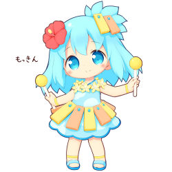 Rule 34 | 1girl, aikei ake, bare arms, blue dress, blue eyes, blue footwear, blue hair, blush, chibi, closed mouth, dress, flower, full body, hair flower, hair ornament, head tilt, hibiscus, highres, holding, instrument, long hair, mallet (instrument), original, personification, red flower, sandals, simple background, sleeveless, sleeveless dress, smile, solo, standing, translation request, white background, xylophone, yellow flower
