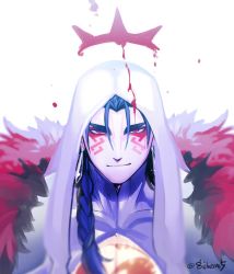 Rule 34 | 1boy, blood, blue hair, bodypaint, closed mouth, cu chulainn (fate), cu chulainn alter (fate), dark blue hair, dark persona, earrings, facepaint, fate/grand order, fate (series), grin, halo, highres, hood, hood up, jewelry, jing (zonekai), long hair, looking at viewer, male focus, ponytail, red eyes, smile, solo